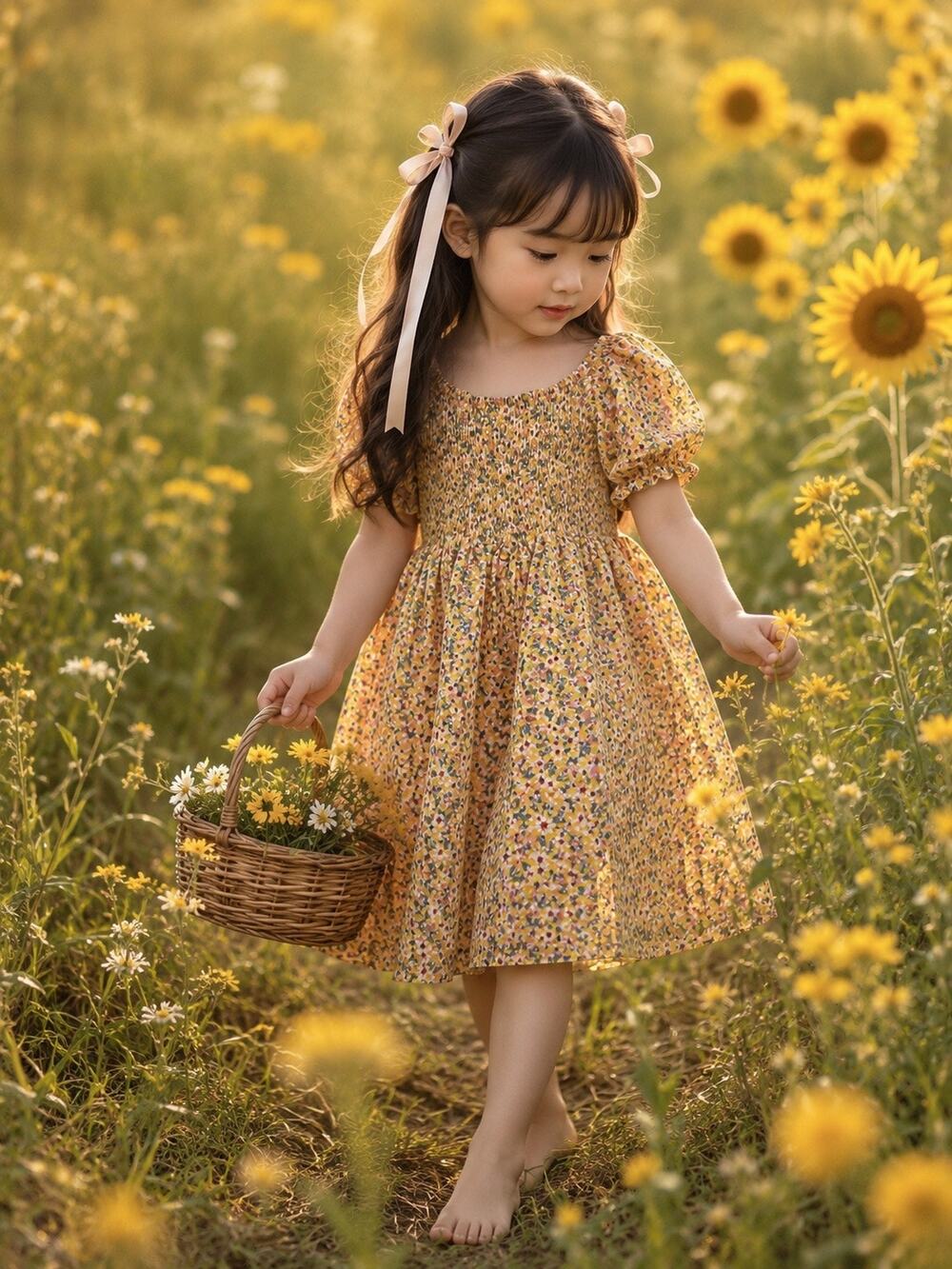 New Golden Floral Flowy Puff Slv Smocked Floaty Dress 4T